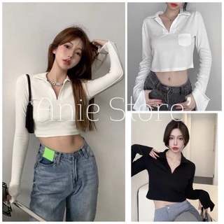 Áo Croptop Nữ Dài Tay Cổ Bẻ Túi Ngực 🦋 Áo Crt Nữ Cổ V Trơn 2 Màu 🦋