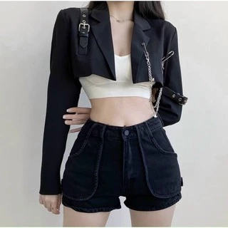 Áo khoác vest croptop tay dài kèm dây xích