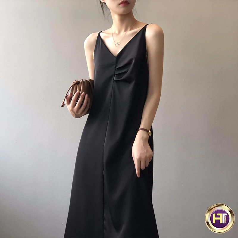 Váy Lụa 2 Dây Xếp Ly Đầm Nữ Lụa Hai Dây Dáng Dài Cao Cấp Thiết Kế HT TRENDY