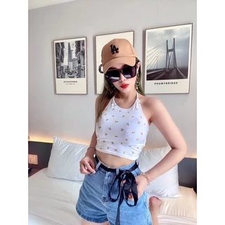 Áo yếm croptop cột dây trắng hoa cúc vnxk