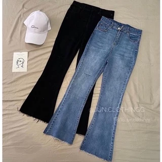 Quần jeans loe co dãn rách gối cạp cao