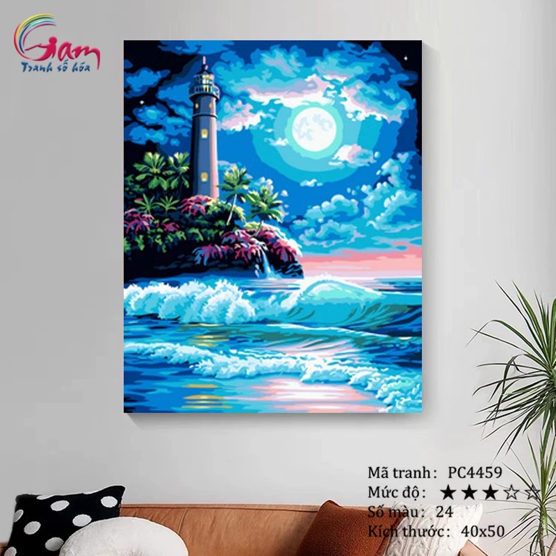 Tranh sơn dầu số hoá tự tô màu Gam phong cảnh đêm trăng trên biển PC4459 40x50cm căng khung