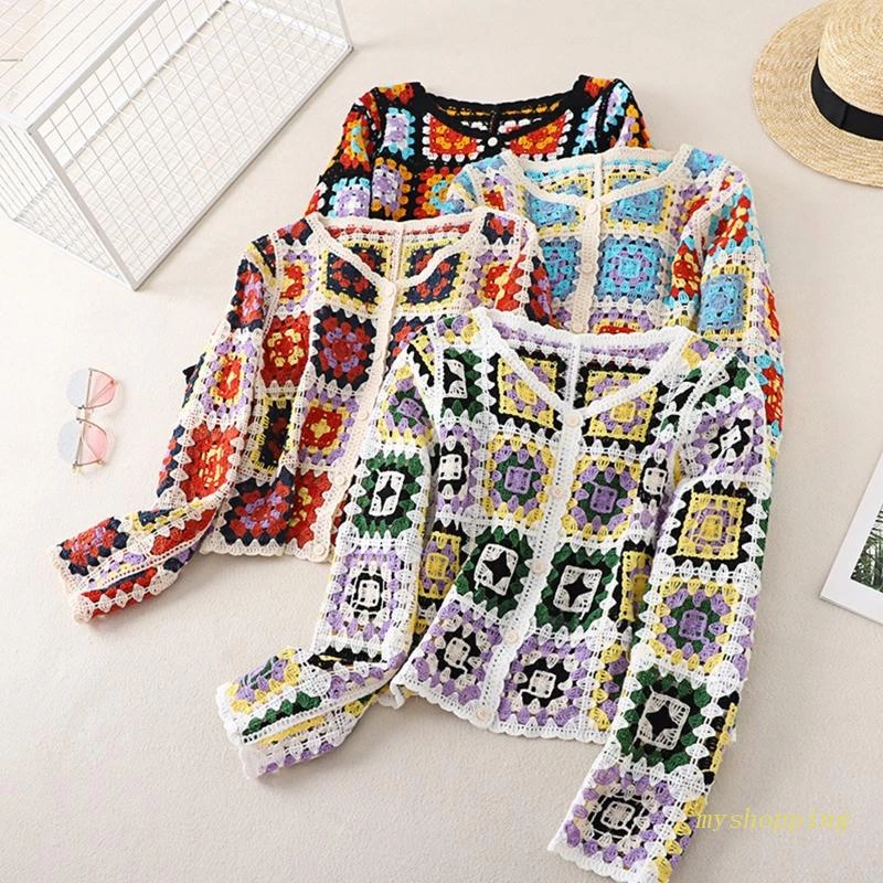 Áo Khoác Cardigan Dệt Kim Tay Dài Dáng Rộng Cổ Chữ V Họa Tiết Hình Học Nhiều Màu Sắc Phong Cách Dân Tộc Cho Nữ