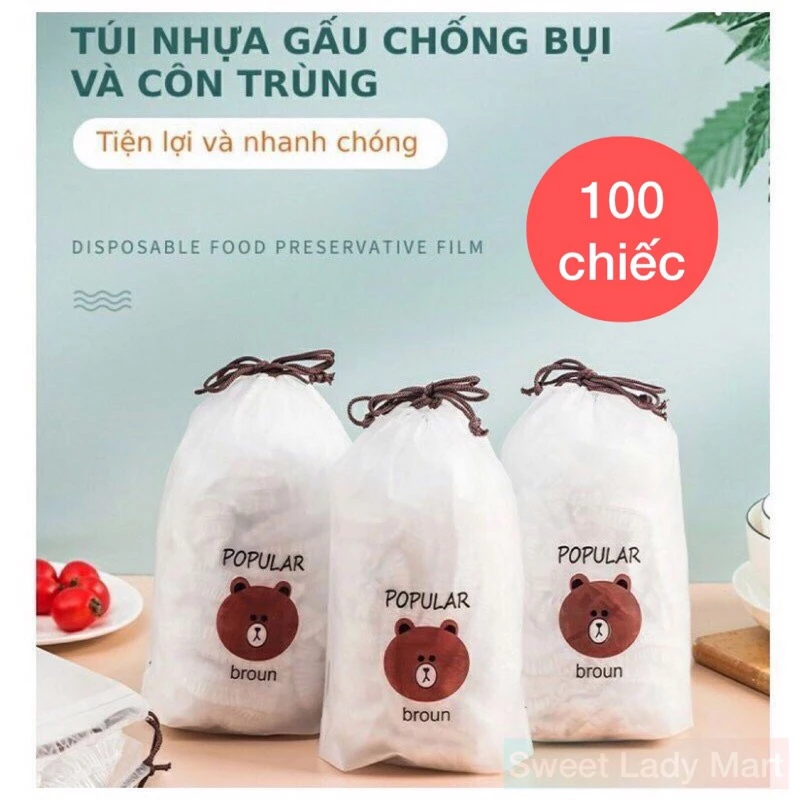 5 Túi (500 Chiếc) Màng Bọc Thực Phẩm PE Gấu 100 Chiếc Có Chun Co Giãn Tái Sử Dụng Được Nhiều Lần