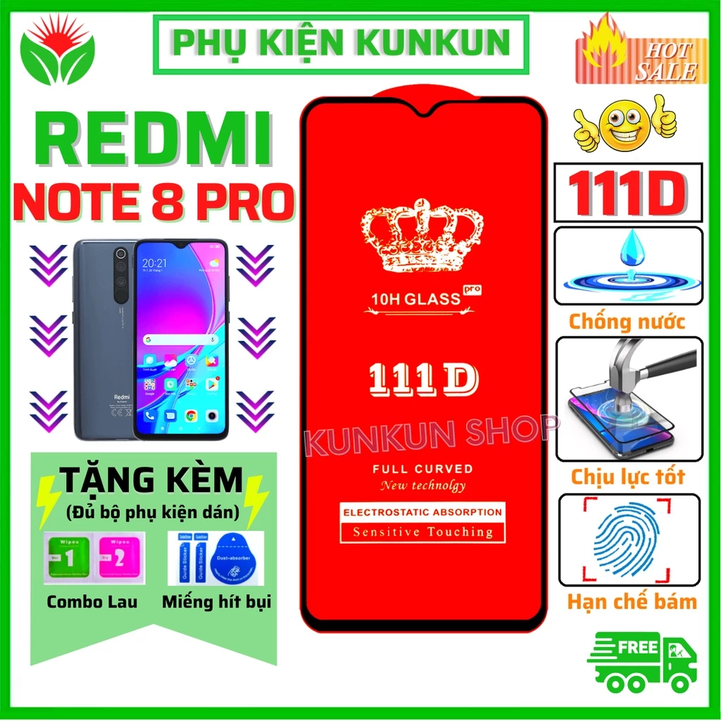 Kính cường lực Redmi Note 8 Pro - Dán Full màn hình 111D - Độ trong suốt cực cao - Chống bám vân tay tốt cho điện thoại