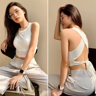 Áo croptop cổ tròn, sát nách, chéo lưng và thắt nơ xinh xắn