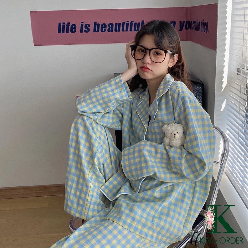 Bộ đồ ngủ dài tay pyjama hoạ tiết kẻ caro phong cách Hàn Quốc