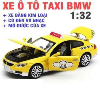 Xe mô hình ô tô taxi đồ chơi trẻ em có nhạc và đèn xe bằng kim loại tỉ lệ 1:32 mở được cửa