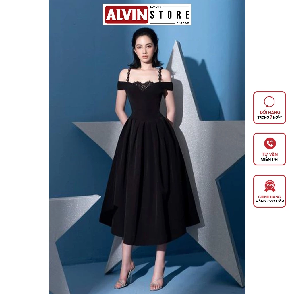 Đầm Dáng Xòe Vai Ngang Hai Dây Ngọc Phối Túi Sang Trọng Và Quyến Rũ Alvin Store 2904