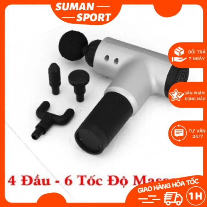 Súng bắn massage trị liệu đau mỏi vai gáy, Máy massage cầm tay 4 đầu 6 chế độ Bảo hành 6 tháng .