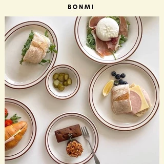 Set tô đĩa gốm viền nâu chấm tiêu vintage phong cách Hàn Quốc Bonmi Decor