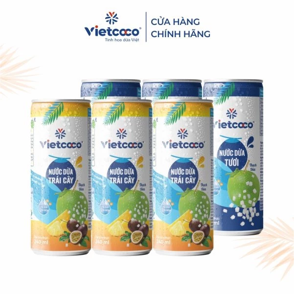Combo 6 lon nước dừa tươi Vietcoco 240ml mix 2 vị tự nhiên và trái cây