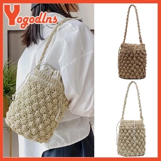 Yogodlns Mùa Hè Ống Hút Túi Đeo Vai Nữ Dung Tích Lớn Mây Handmade Dệt Túi Tote Đi Biển