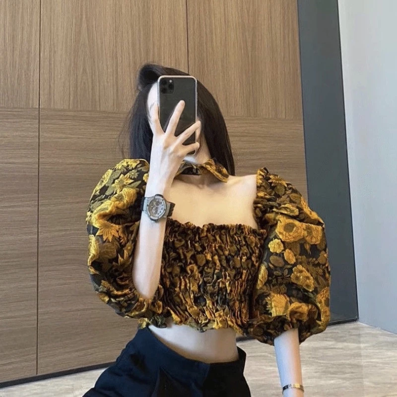 Áo hoa thân thun co giãn tay bồng trễ vai croptop thời trang (có ảnh thật)