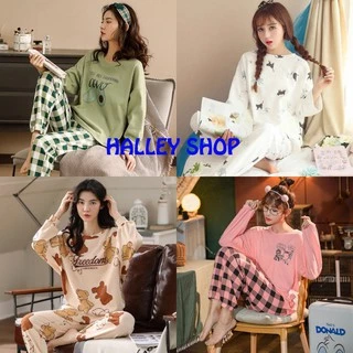 Bộ đồ ngủ nữ, pijama, quần áo mặc nhà dài tay vải co giãn 4 chiều thu đông dễ thương kèm ảnh thật QA07