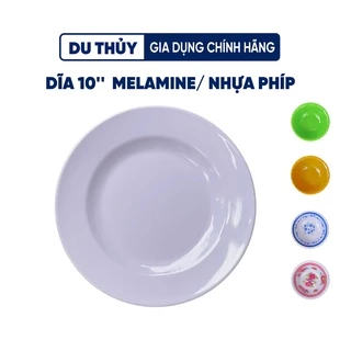 Dĩa nhựa tròn cạn 10" 25 cm nhựa melamine an toàn, dễ vệ sinh, hạn chế nứt vỡ màu trắng, vàng, xanh, đủ bông đẹp mắt