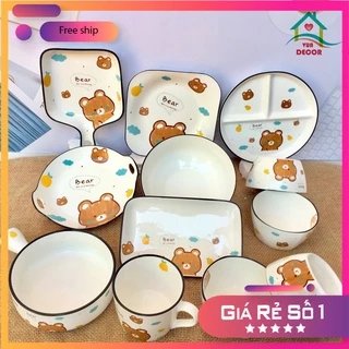 Bộ Chén Đĩa Sứ Decor 🐻Gấu Nâu🐻 Chén Dĩa Dễ Thương Cute Cao Cấp S113