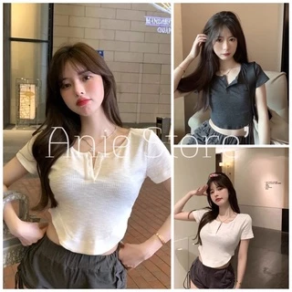 Áo Croptop Nữ Cúc Cài Đuôi Tôm 🦋 Áo Thun Nữ Trơn Dáng Ngắn Cộc Tay 2 Màu 🦋