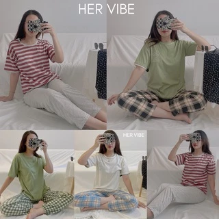 Đồ bộ nữ tay ngắn quần dài dễ thương, Đồ ngủ nữ cotton thun quần dài Her Vibe