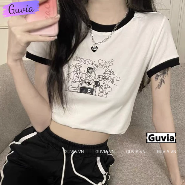 Áo Croptop Ôm Body Nữ OOCH TIM Cổ Tròn Tay Ngắn, Áo Thun Croptop Kiểu In Họa Tiết GUVIA CR89