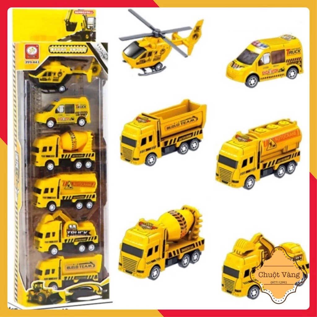 Set 6 xe ô tô mô hình chủ đề công trình, quân đội, cứu hoả