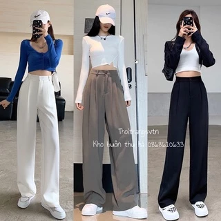 Quần Ống Rộng Suông lưng cao cạp lưng chun, chất ruby khuy giữa quần culottes ống xuông cạp cao cho nữ