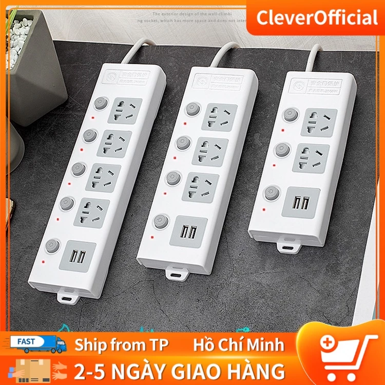 Ổ cắm điện đa năng thông minh 2 cổng USB 5v sạc nhanh, ổ chịu tải 2500W tiết kiệm 30 kilowatt giờ dây nối 1.8/2,5m OCD01