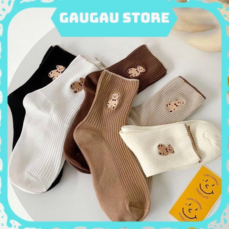Tất Nữ Trắng Cổ Cao In Hình Gấu Cute Xinh Xắn Vải Cotton Co Giãn Phong Cách Hàn Quốc [ Hỏa Tốc HCM ]