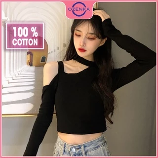 Áo croptop trễ vai tay dài ôm nữ OZENKA, crt đẹp sang chảnh thời trang màu đen trắng thun gân 100% cotton dưới 55kg