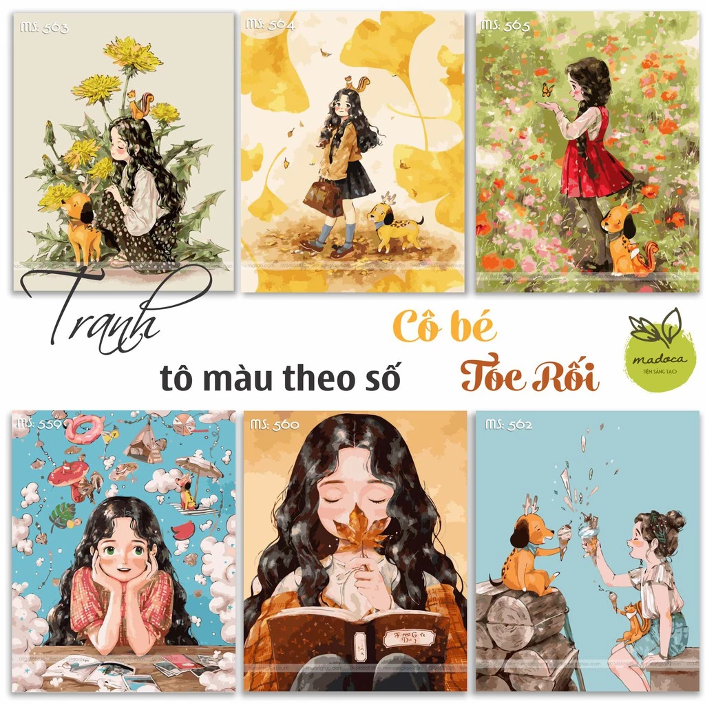 Tranh tô màu theo số, tranh số hóa, tranh tô màu số hóa Tổng hợp Cô bé tóc rối Madoca 40x50cm