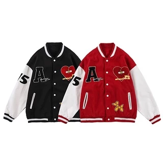 [SALE XẢ KHO] Varsity Jacket - Áo bomber chữ A chính hãng thêu xù 100% màu đỏ form rộng họa tiết trái tim