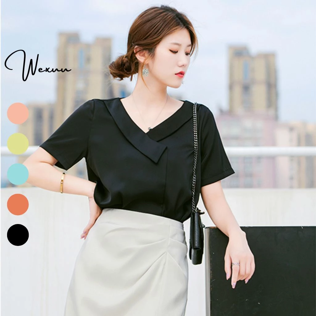 Áo sơ mi nữ cổ xếp Wexuu Design áo kiểu nữ tay ngắn công sở chất vải Voan cao cấp mềm mịn mát- SP23