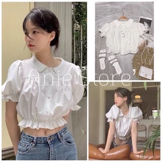 Áo Sơ Mi Dáng Ngắn Viền Bèo Cổ Sen 🦋 Áo Croptop SơMi Trắng Nữ Cộc Tay 🦋