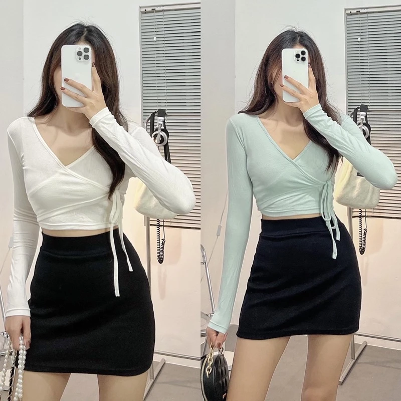 Áo Thun Croptop Cổ V Cột Dây Siêu Chất Vải Gân Lụa Xịn