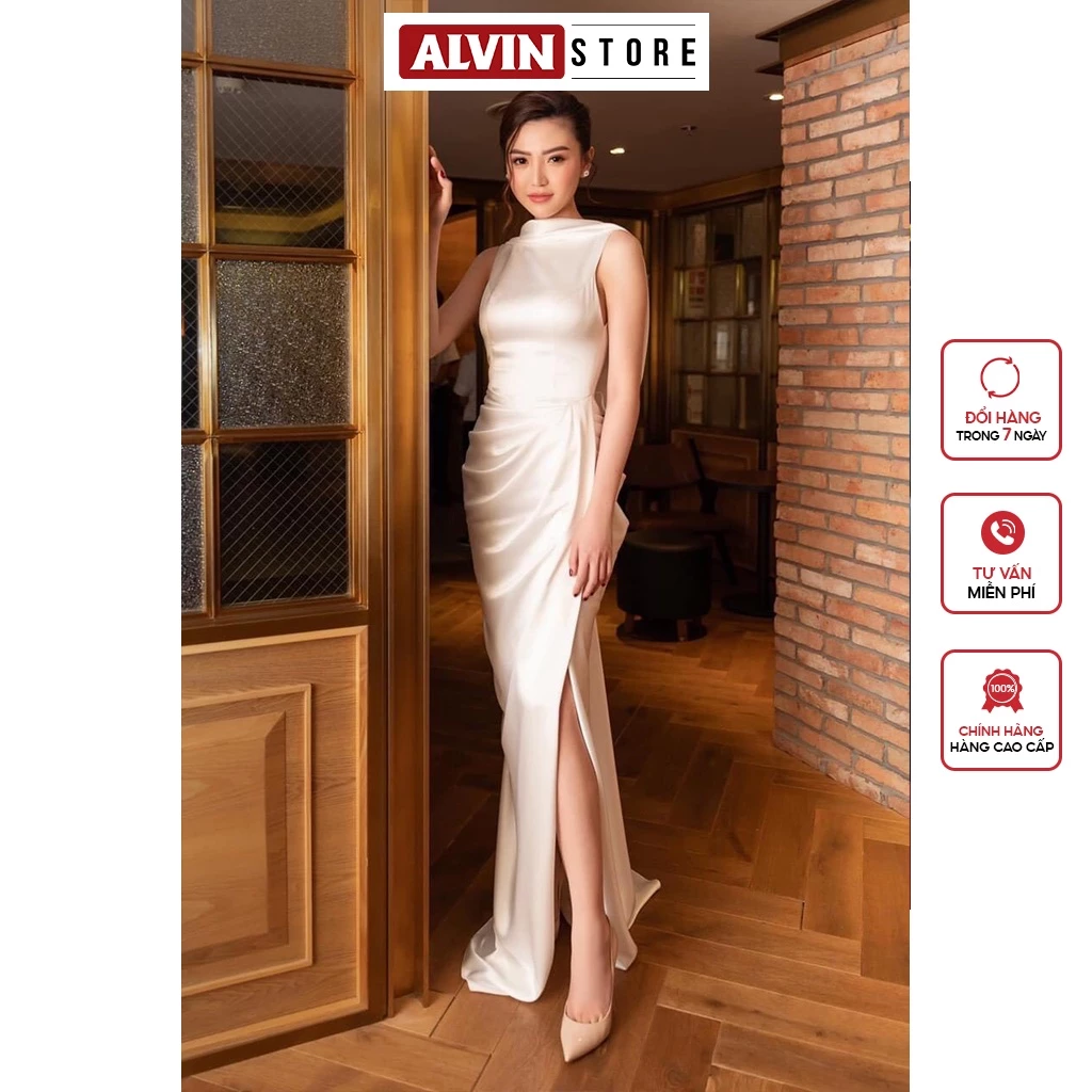 Đầm Dạ Hội Dáng Dài Vải Lụa Sát Nách Cổ Đổ Hở Lưng Xẻ Tà Alvin Store 0936