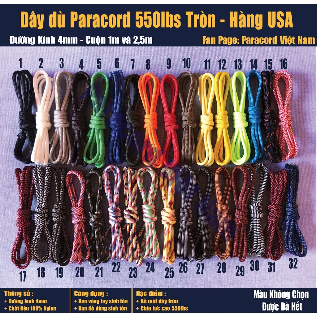 Dây dù Paracord 550lbs cuộn 1m-2,5m, đường kính 4mm rất tròn, sinh tồn hàng mỹ USA