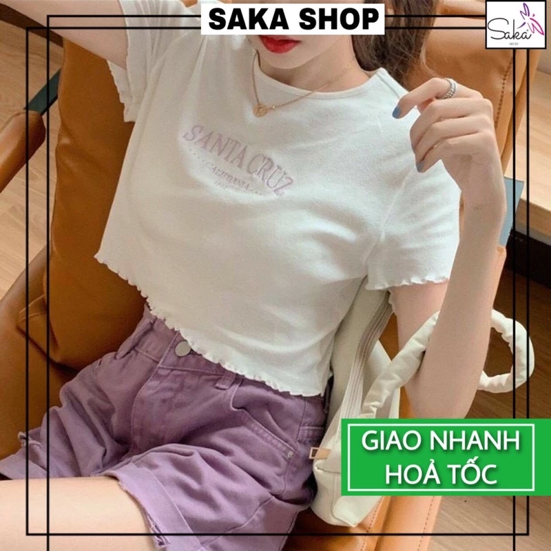 Áo croptop nữ tay ngắn thun cuốn biên thêu chữ màu tím sake dễ thương