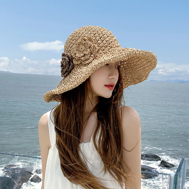 Nón cói rộng vành đính hoa thời trang đi biển mùa hè dành cho nữ