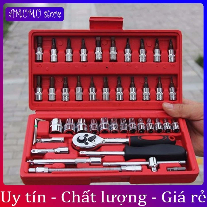 Bộ dụng cụ mở bulong ốc vít đa năng 46 chi tiết, Không han gỉ Hàng Mới, Bộ dụng cụ sửa chữa oto xe máy 46 món đa năng