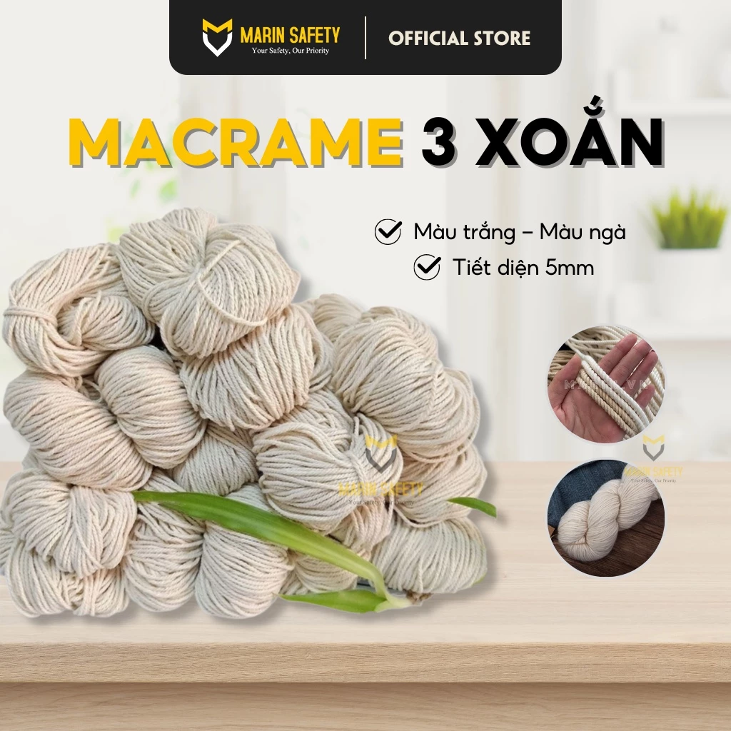 Dây thừng se macrame 3 xoắn cotton màu ngà, màu kem sợi 5mm