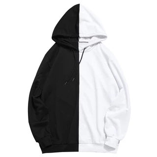 Dài Tay Nam Áo Khoác Hood Nửa Đen Nửa Trắng Thoáng Mát Trơn Nam Chắp Vá Áo Cotton Nam Hoody