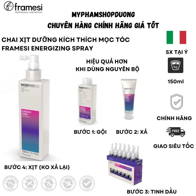 Xịt dưỡng giảm gãy rụng ,tăng mọc tóc chính hãng Framesi Morphosis Energizing Spray 150ml - Hàng Ý