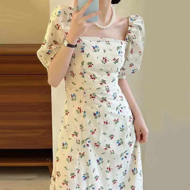 Váy hoa nhí đầm nữ maxi  dài tay phồng cổ vuông đi biển Firstdateclothing