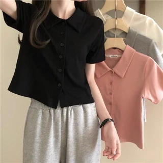 A036 Áo thun polo nữ dáng ngắn cộc tay cổ bẻ cài cúc trắng đen hồng Phông ngắn tay hè thu đi học đi chơi Ulzzang trẻ tru