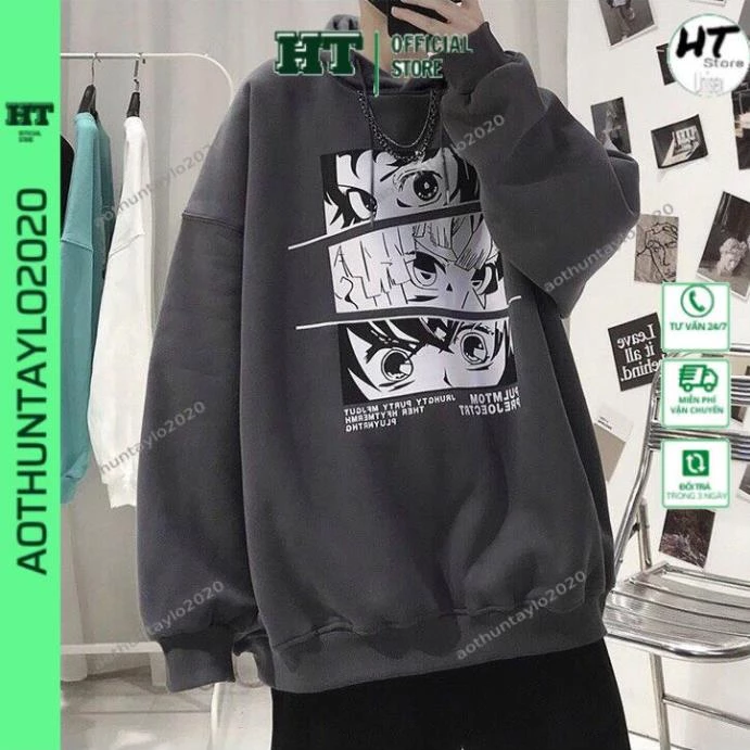 Áo hoodie nữ HTSTORE Áo khoác nỉ bông cotton dày mịn hoodie form rộng unisex anime co giãn mũ 2 lớp to màu đen,xám chì