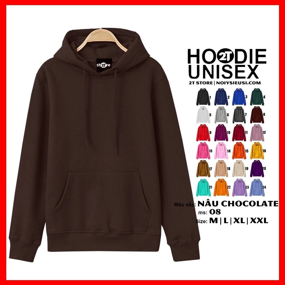 Áo hoodie unisex 2T Store H08 màu nâu chocolate - Áo khoác nỉ chui đầu nón 2 lớp dày dặn chất lượng đẹp