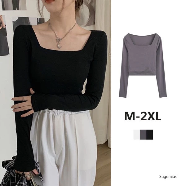 Áo croptop SUGEMIUSI tay dài cổ vuông màu trơn co giãn phong cách Hàn Quốc