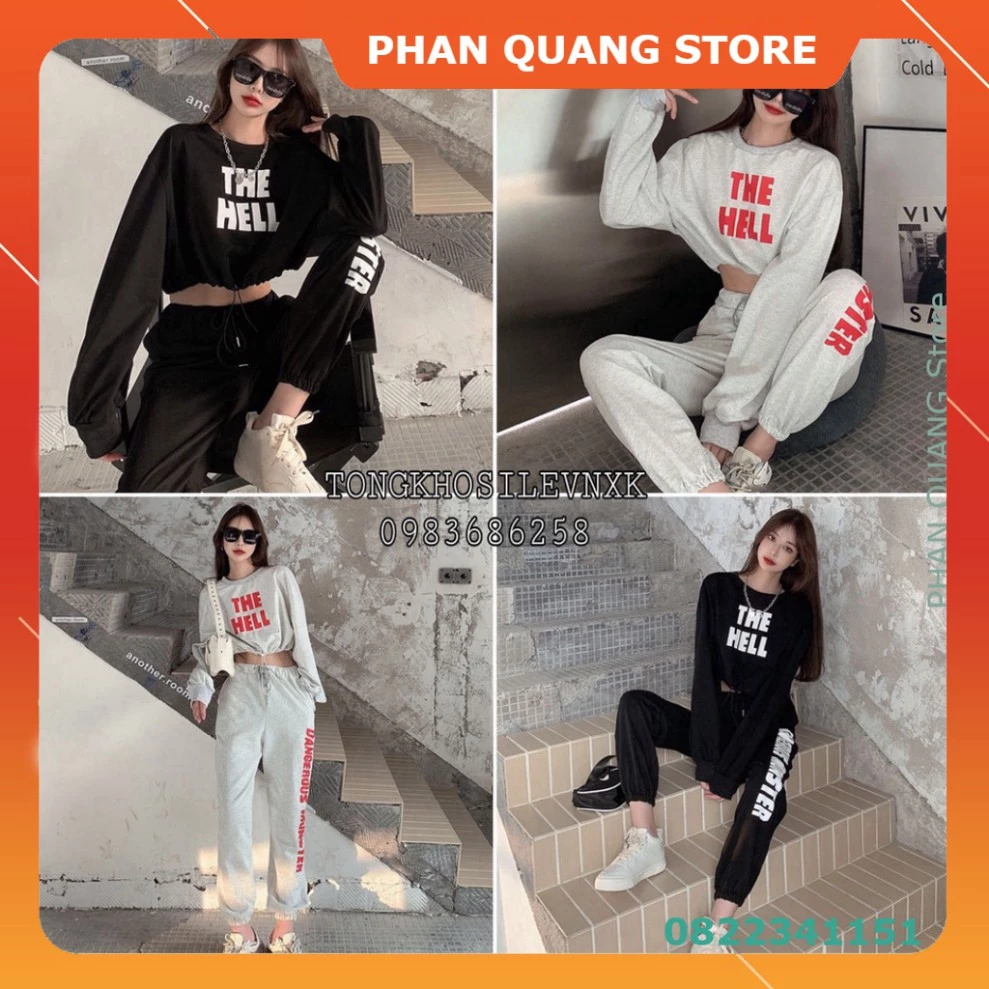 👗 SET BỘ THỂ THAO ÁO CROPTOP NỈ DÀI TAY RÚT DÂY THE HELL MIX QUẦN JOGGER MONSTER ĐEN XÁM PQ-Shop