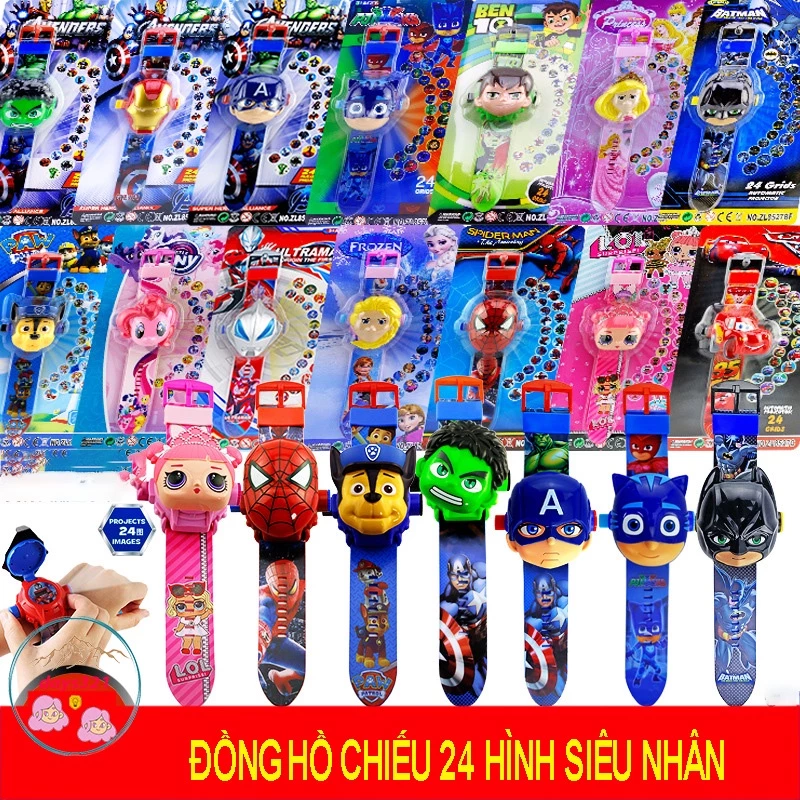 Đồng hồ chiếu 24 hình hoạt hình The Avengers Superhero SpiderMan Iron Man Hulk Trẻ em có đèn rọi biến hình