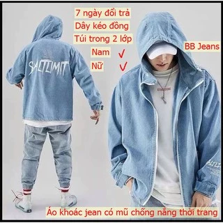 Áo khoác jean nam nữ có mũ sau jean form rộng màu xám xanh cực đẹp size M-L-XL CHI26